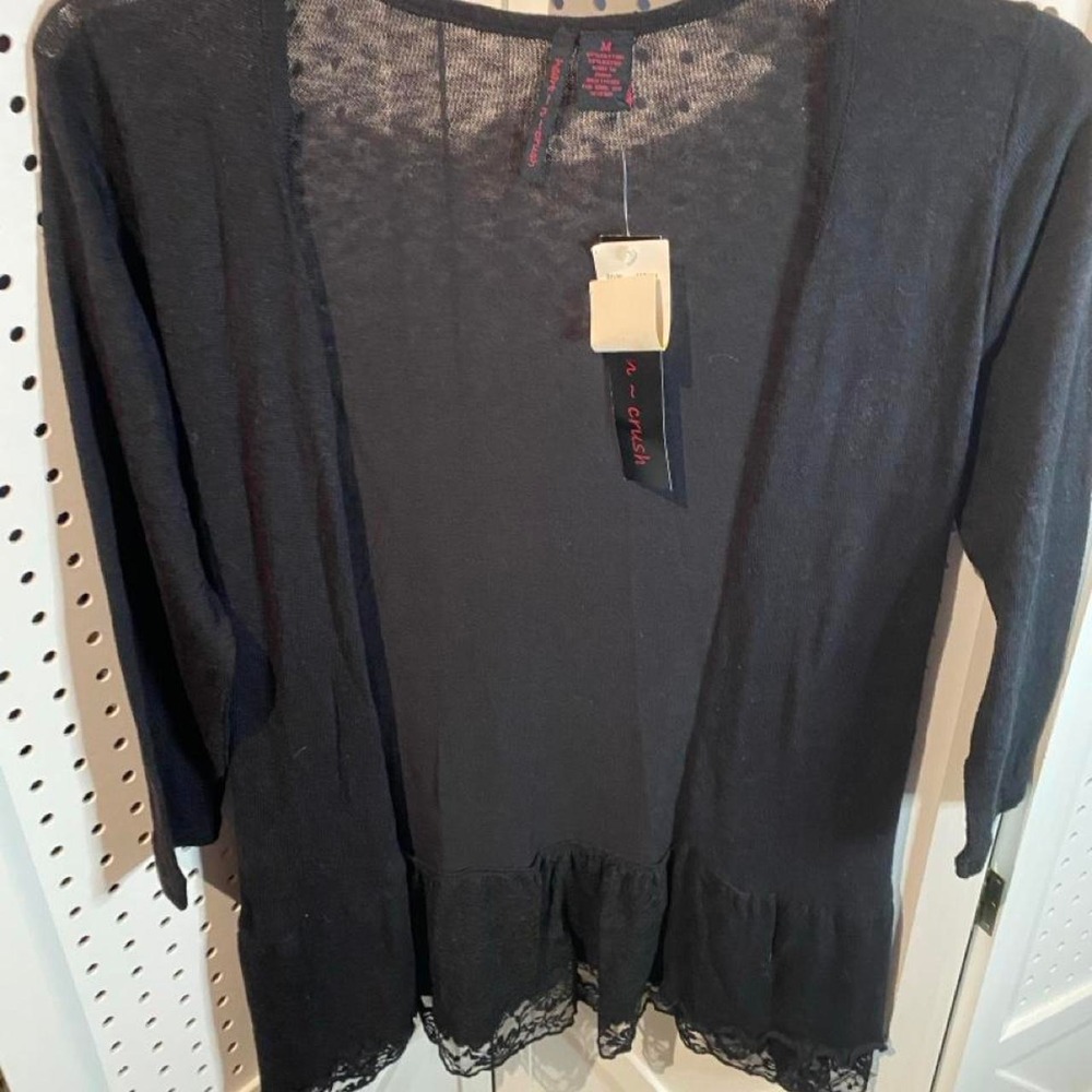 Heart -n- Soul Black lace trim cotton & rayon cardigan in size M